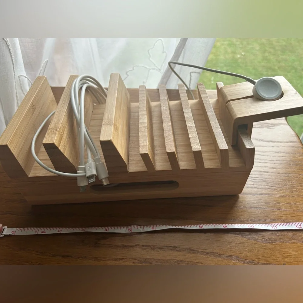 iPhone Apple Watch iPad device charging station with cords - Wood